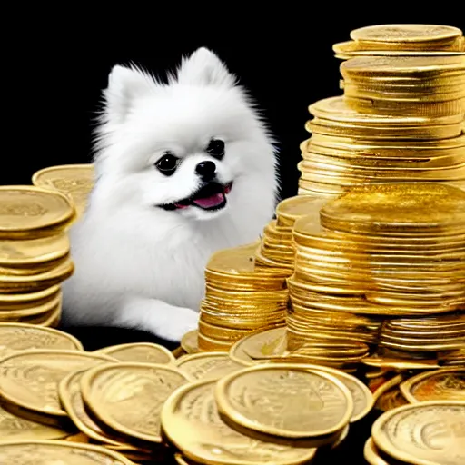 Image similar to A pomeranian wearing a top-hat and a monocle, sitting on top of a large pile of gold coins