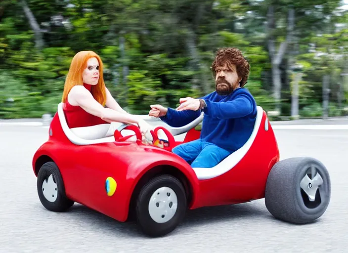 Prompt: peter dinklage and amy adams driving a little tikes cozy coupe, movie still, from the new fast and furious tokyo drift movie, 8 k, realistic