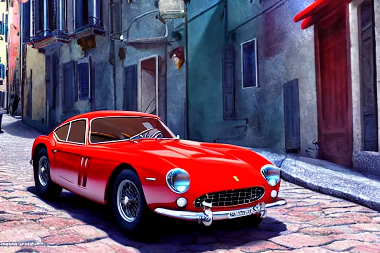 Image similar to a wholesome animation key shot of!! one!! focused!! ferrari 2 5 0 gt!! in beautiful cinque terre italian street, medium shot, studio ghibli, ( pixar ) and disney animation, sharp, very detailed, high resolution, rendered in unreal engine 5, anime key art by greg rutkowski, bloom, dramatic lighting