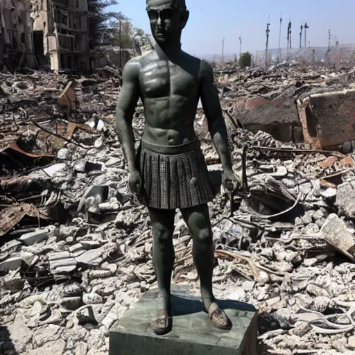 Image similar to statue of a warrior standing in the destroyed city