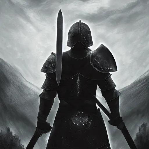 Image similar to Silhouette of a male warrior wearing knight armor holding a sword and shield, facing away towards a mountain in the distance, digital art, digital painting, matte painting, very beautiful, atmospheric dramatic lighting, highly detailed, fantasy artwork, dnd