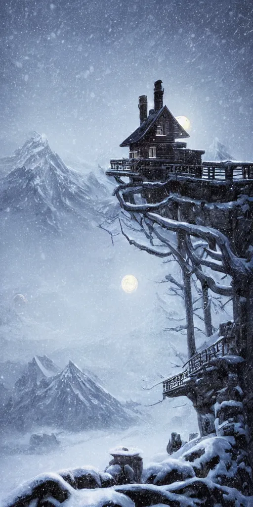 Image similar to a cabin castle on the top of a snowy mountain, crescent moon, greg rutkowski, 8 k, shallow depth of field, intricate detail, concept art,