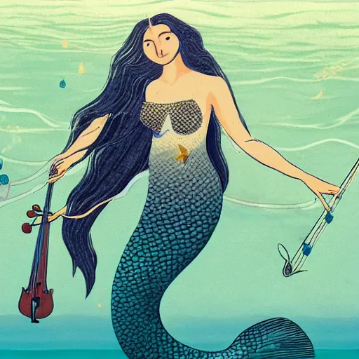 Image similar to a beautiful long - haired mermaid playing the violin in the wide ocean among fish