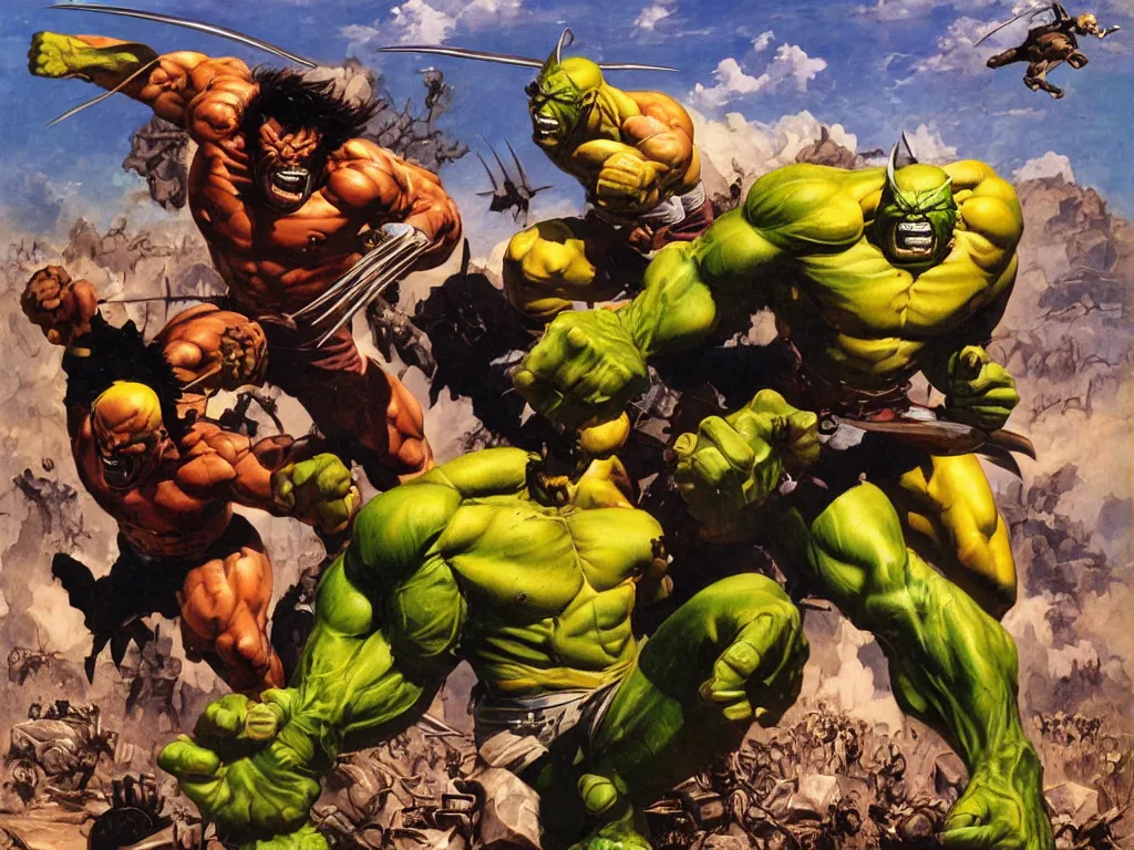 Prompt: Wolverine in battle with Hulk by Frank Frazetta and by Joe Jusko, oil painting, detailed, proportional, trending on art station, 4k