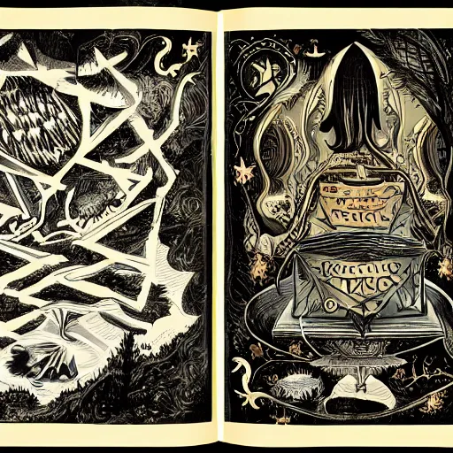 Image similar to A book of dark magic, detailed illustrations