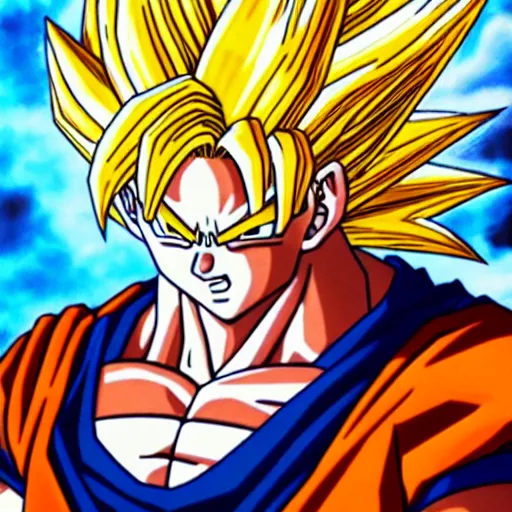 Image similar to ultra realistic portrait painting of goku becoming a super saiyan in the night, art by akira toriyama, 4 k, dragon ball artstyle, cel shaded, highly detailed, epic lighting