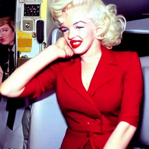 Image similar to DSLR 35mm film photography of young marilyn monroe, 1980s fashing, as a flight attendant in 1998