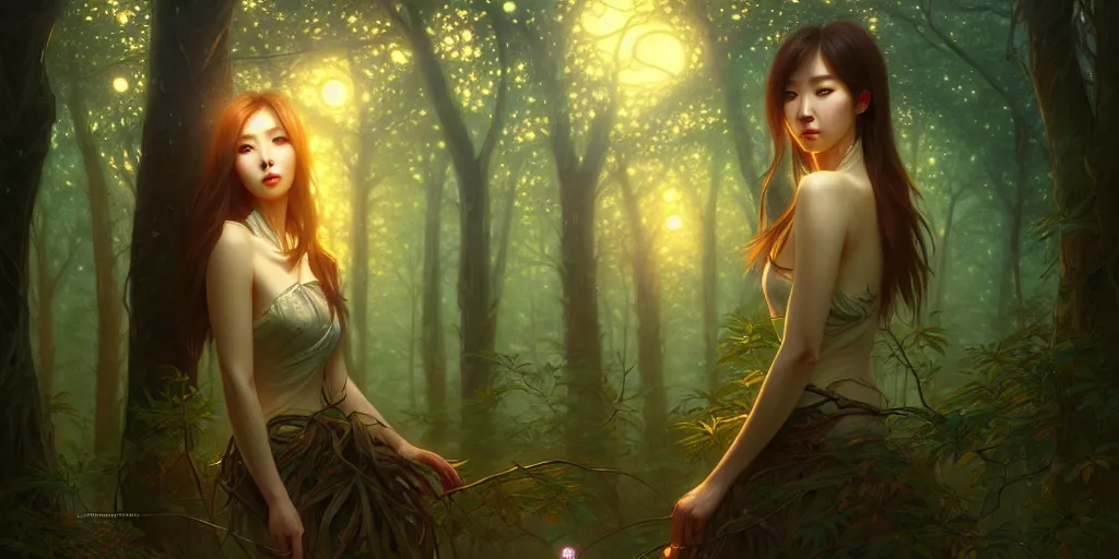 Image similar to beautiful digital painting of a hoyeon jung stylish female forest at night with high detail, real life skin, freckles, 8 k, stunning detail, works by artgerm, greg rutkowski and alphonse mucha, unreal engine 5, 4 k uhd