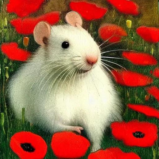 Prompt: a masterpiece painting by alfred mucha : a small white rat taking the sun in a poppy field with a red sunset in the background