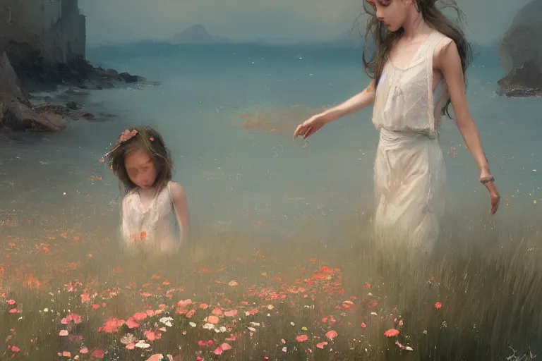 Image similar to a beautiful painting of the sea of flower, boy, girl, by greg rutkowski, trending on artstation