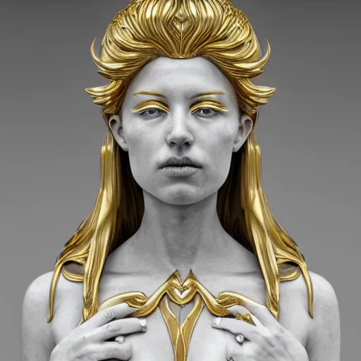 Image similar to a statue made of white marble with gold veins, of an beautiful angel girl, perfect symmetrical body, perfect symmetrical face, no eyes, hyper realistic, hyper detailed, fujicolor superia 1 6 0 0 photo, full body shot, by peter kemp, by monia merlo octane render, blender, 8 k