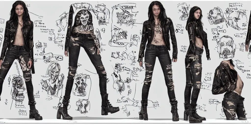 Image similar to samara weaving with her neck fully tattooed, wearing scratched and ripped leather jeans, wearing an aviator outfit with a smiley stamp on its back, character sheet, fine details, props, concept design, contrast, kim jung gi, greg rutkowski, trending on artstation, 8 k, full body, turnaround, front, back, ultra wide angle