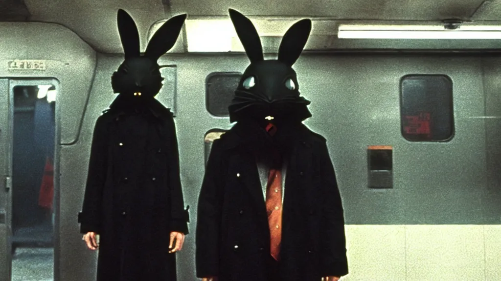 Image similar to a man in a trench coat wearing a black rabbit mask standing on the subway with a knife, film still from the an anime directed by Katsuhiro Otomo with art direction by Salvador Dalí, wide lens