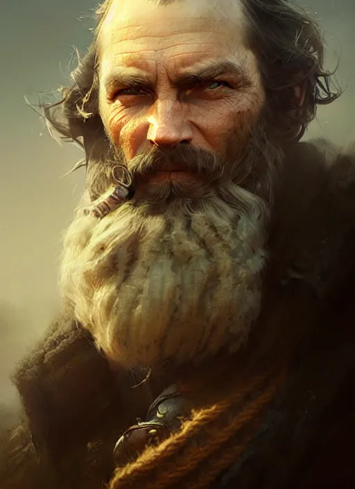 Image similar to portrait of a rugged sea captain, victorian, concept art, detailed face, fantasy, close up face, highly detailed, cinematic lighting, digital art painting by greg rutkowski