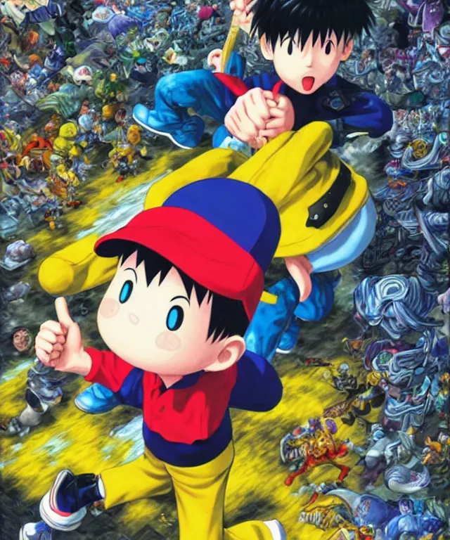 Image similar to ness from earthbound, highly detailed digital illustration, by takeshi obata, yoshitaka amano, ross tran, hirohiko araki, koyoharu gotouge