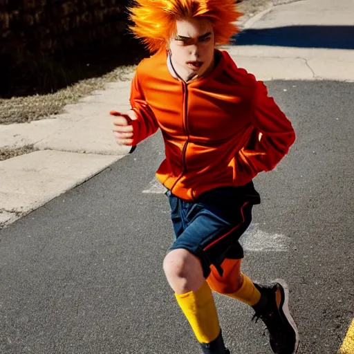 Image similar to orange - haired anime boy, 1 7 - year - old anime boy with wild spiky hair, wearing red jacket, running through italian town, yellow sunshine, sepia sun, strong lighting, strong shadows, vivid hues, ultra - realistic, sharp details, subsurface scattering, intricate details, hd anime, 2 0 1 9 anime