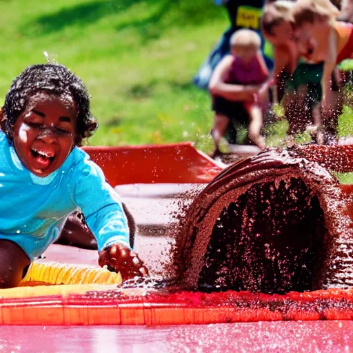 Image similar to photo of a kid sliding through chocolate pudding head first, slip n slide