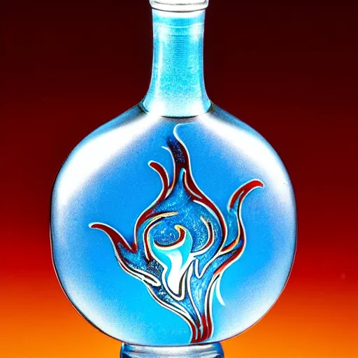 Prompt: a photo of a vodka bottle with flame fire designs in an enameling technique, 5 0. 0 mm