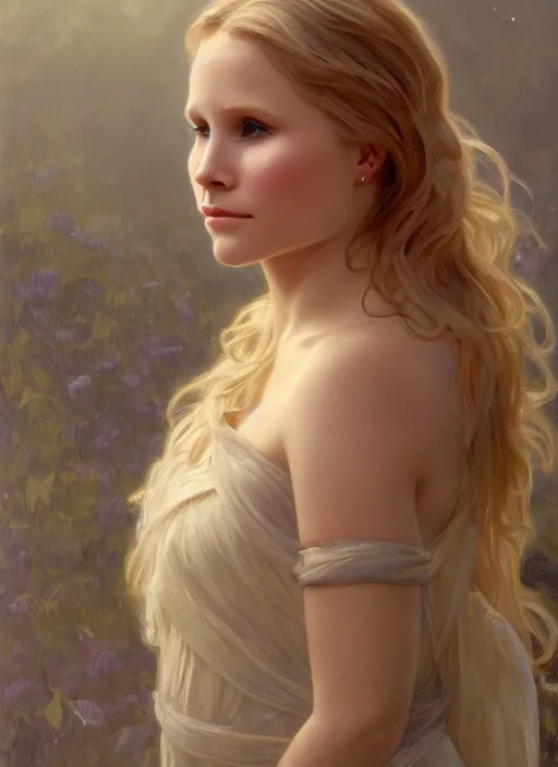 Prompt: beautiful portrait of young kristen bell, soft features, by magali villeneuve and greg rutkowski and artgerm and alphonse mucha and jeremy lipkin and rob hay, intricate, elegant, highly detailed, photorealistic, trending on artstation, trending on cgsociety, 8 k, sharp focus