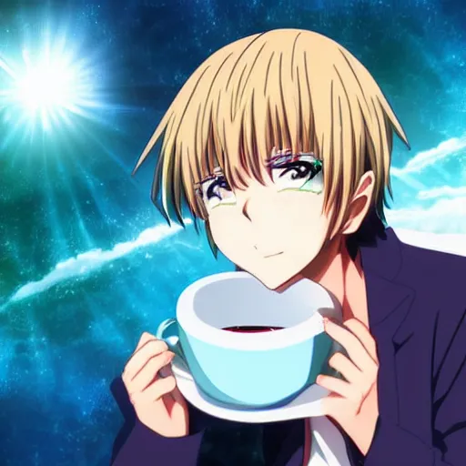 Image similar to 4k_digital_art_surreal_anime_of_an_anime dude_drinking_a_cup_of_cosmic_energy_bright_light