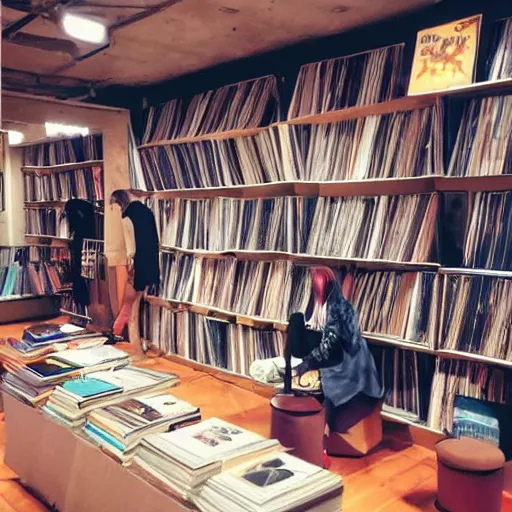 Prompt: cute cozy record store interior, vinyl records, bold anime art by makoto shinkai, production IG, madhouse, Japanese animation