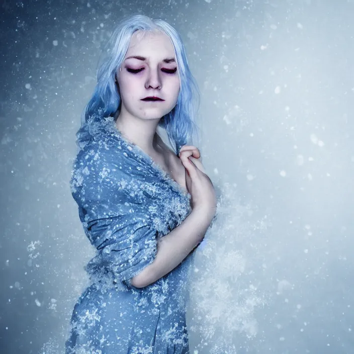 Image similar to a sickly looking young woman dying of hypothermia, with very white skin and pale blue hair wearing a long white dress made out of snowflakes in the middle of a heavy snowstorm. pale cold blue lips. full body digital portrait by maromi sagi