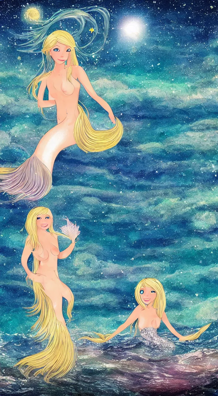 Prompt: blonde mermaid looking at an ocean, starry heaven, midnight, photo realistic