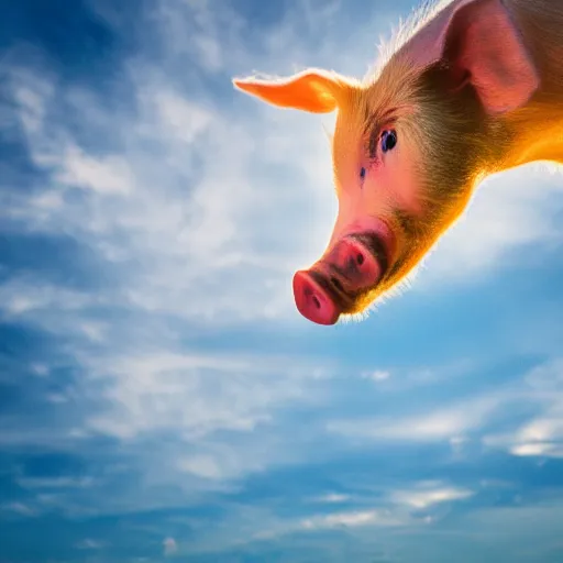 Prompt: photograph of baby pig with big ears as wings flying over romanian village, a blue sky, bokeh, dramatic lighting, professional photography