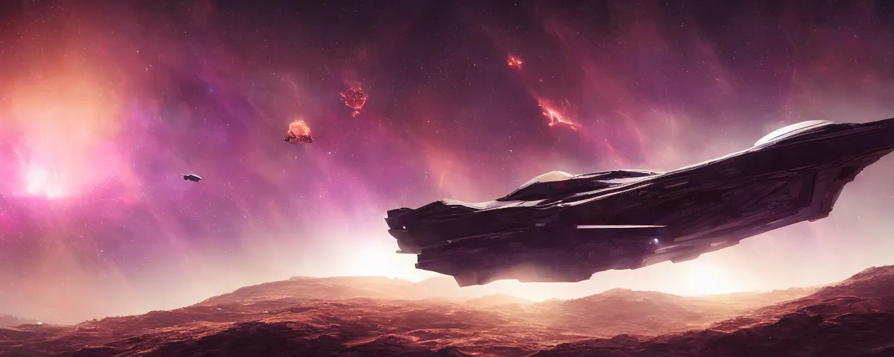 Prompt: the marse, nebula, spaceship flies in the distance, 4 k, detailed, concept art, cinematic view, warm tones, super resolution