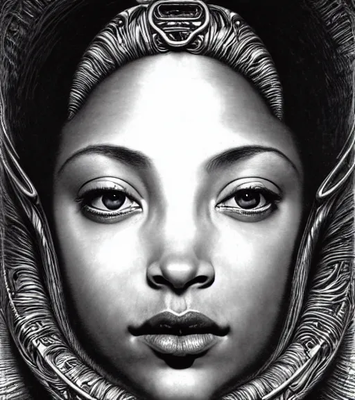 Image similar to detailed realistic beautiful young sade adu face portrait by jean delville, gustave dore and marco mazzoni, art nouveau, symbolist, visionary, baroque, intricate. horizontal symmetry by zdzisław beksinski, iris van herpen, raymond swanland and alphonse mucha. highly detailed, hyper - real, beautiful