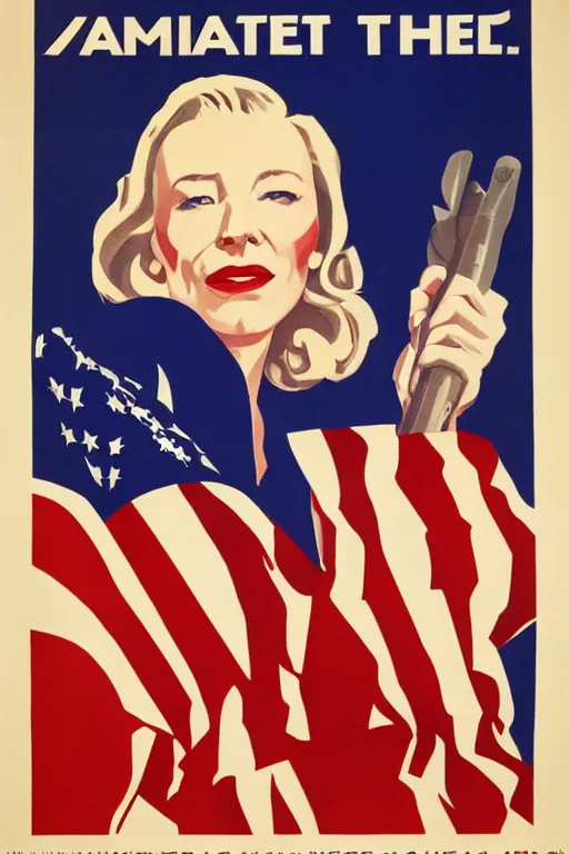 Image similar to american propaganda poster with cate blanchett calling on the world community to fight against Nazism, Ultra Detailed, soviet realism