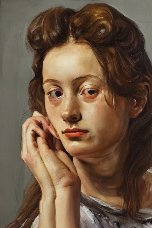 Image similar to high quality high detail oil painting of a young woman by lucian freud, painterly thick brushstrokes, hd, photorealistic lighting