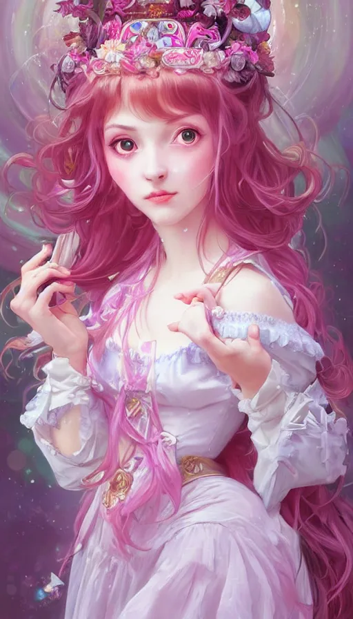 Image similar to portrait of magical lolita girl, dreamy and ethereal, expressive pose, big pink eyes, exciting expression, fantasy, intricate, elegant, many rainbow bubbles, rose tones, highly detailed, digital painting, artstation, concept art, cyberpunk wearing, smooth, sharp focus, illustration, art by artgerm and greg rutkowskiand alphonse mucha