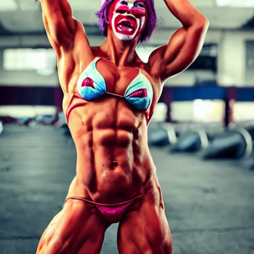 Prompt: muscular female clown flexing