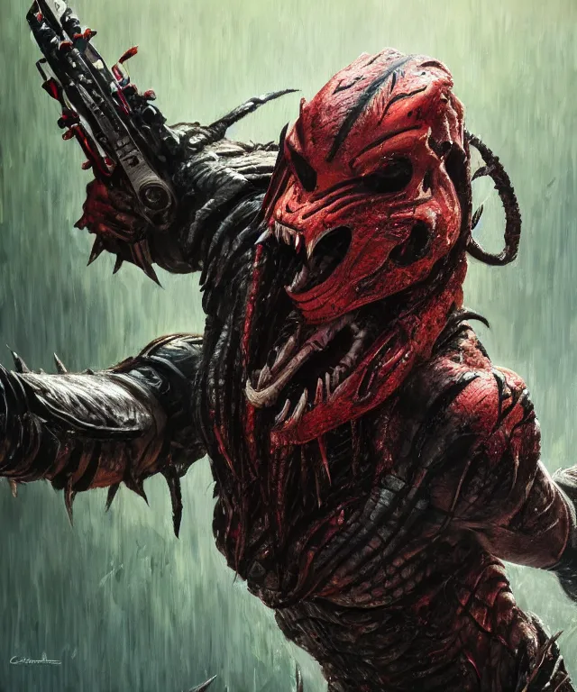 Image similar to an action shot of the predator by chris ayers, oil on canvas, deep depth field, masterpiece, by ken barthelmey and stan winston, trending on artstation, featured on pixiv, cinematic composition, hyper - detailed, hd, hdr, 4 k, 8 k