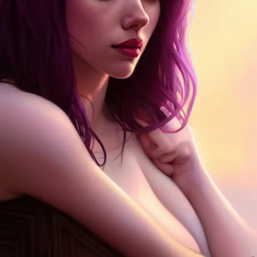 Image similar to portrait of seductive scarlett johanson, purple hair, attractive features, slight smile, highly detailed, digital painting, artstation, concept art, sharp focus, illustration, art by WLOP and greg rutkowski and alphonse mucha and artgerm
