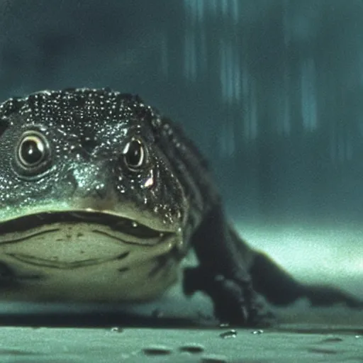 Prompt: Close up of Lepidobatrachus laevis facing the camera in a still from the movie Blade Runner (1982), high quality, rain, rain drops, cold lighting, 4k, night, award winning wildlife photo, National Geographic