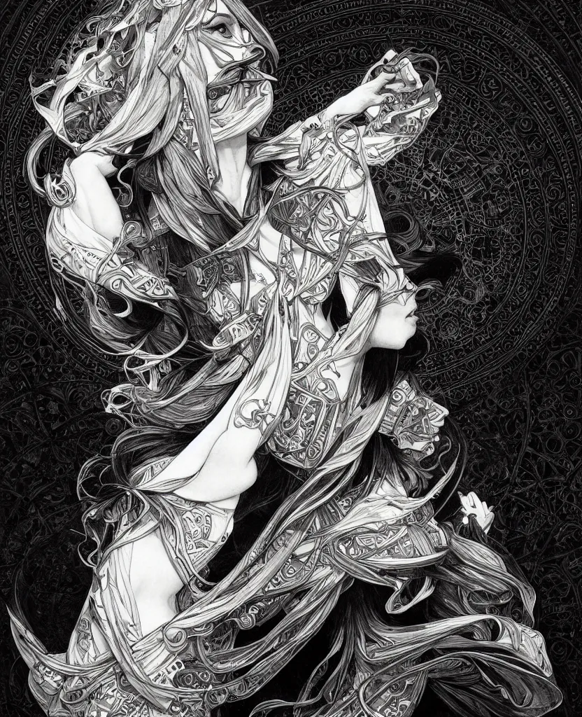 Image similar to black and white illustration of mystical geometrical alchemical black sacred symbols, deep focus, intricate, elegant, highly detailed, pen and ink style, artstation, concept art, matte, sharp focus, art by artgerm and greg rutkowski and alphonse mucha