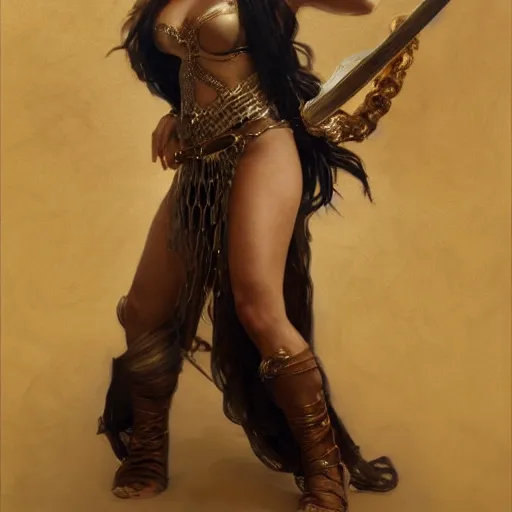 Image similar to A portrait of Salma Hayek wearing a chainmail bikini and holding a sword ,by Stanley Artgerm Lau, Greg Rutkowski, Thomas Kinade ,Alphonse Mucha, Loish, Norman Rockwell ,trending on artstation , rule of thirds, golden ratio ,HD 4k