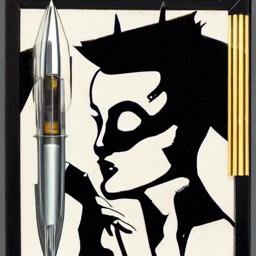 Image similar to a high quality product photo ad of klaus nomi with a technical reed rollerball pen exacto knife by junji ito and joseph cornell, ethereal eel