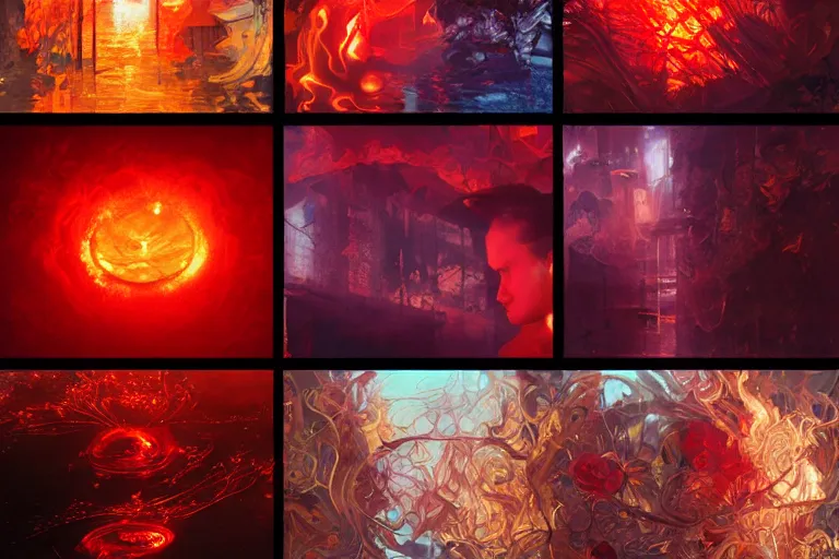 Image similar to arcs of flame, simulation of water splashes, shards of mercury, dramatic lighting, cyberpunk neon, secret cypher, red flowers, solar flares, intricate art by John Collier and Albert Aublet and Krenz Cushart and Artem Demura and Alphonse Mucha