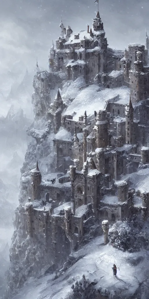 Prompt: a abandoned castle on the top of a snowy mountain, greg rutkowski, 8 k, shallow depth of field, intricate detail, concept art,