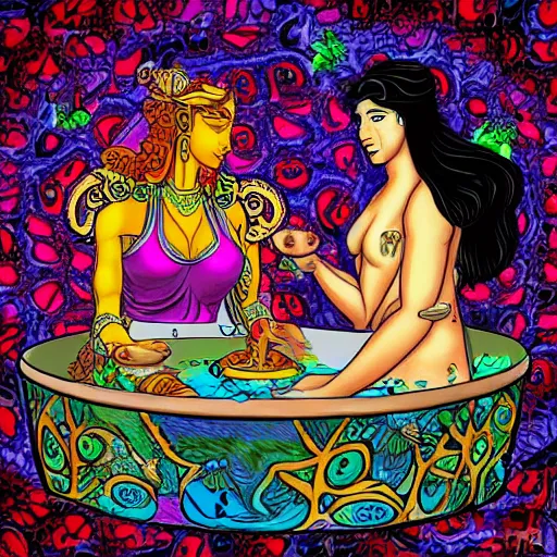 Image similar to goddess hera in a trippy room doodling rock symbols on the wall while aphrodite is making soup with rose petals inside a cauldron, digital art