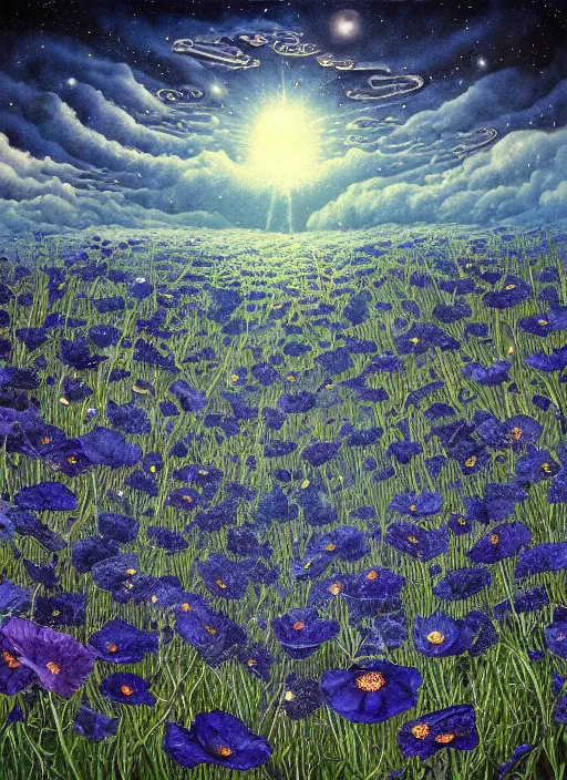 Image similar to detailed, intricate blue black and purple papaverum flower on the field, nebula, galaxy in the sky, winning award masterpiece, fantastically beautiful, illustration, aestheticly inspired, jacek yerka, upscale with anguissola sofonisba work, artstation, 8 k