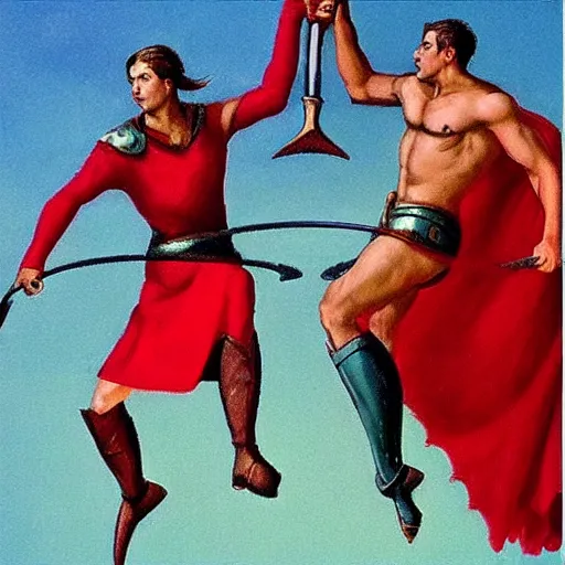 Prompt: “Spartans in battle uniform jumping on trampoline red robe and cape swinging spear swords shield Greece Hercules in the style of Edward Hooper details human figure proportions”