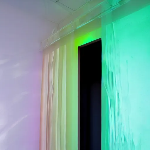 Prompt: an ultra high definition professional studio quality photograph of a transparent iridescent perspex pastel coloured raincoat sculpture on white coat hook in an empty white room. dramatic lighting, ray tracing, refraction, shallow d. o. f, colour corrected, golden ratio, three point light. volumetric shadows. god rays.