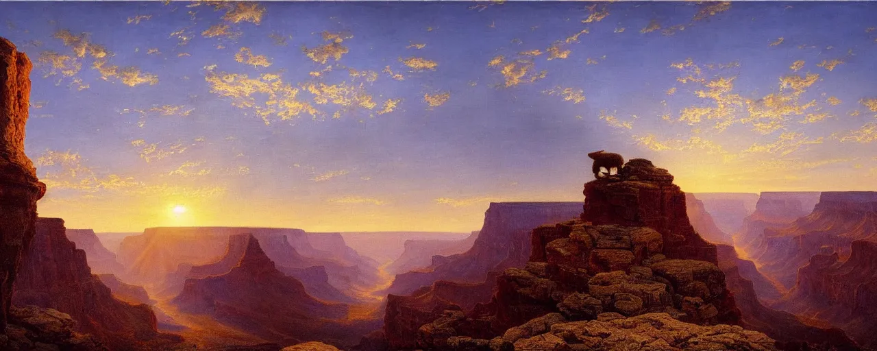 Prompt: romantic painting, wide shot of snuffleupagus in front of a the grand canyon at sunrise, highly detailed, sublime, hyperrealistic, painted by caspar david friedrich and albert bierstadt, trending on artstation 8 k
