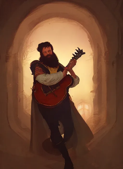 Prompt: illustration of michael j fox as a bard dressed in renaissance clothing with a big beard, by greg rutkowski artstation