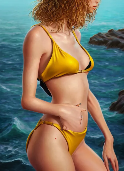 Image similar to 3 / 4 view of a portrait of taylor swift wears compact alluring bikini, evangelion, au naturel, hyper detailed, digital art, trending in artstation, cinematic lighting, studio quality, frostbite 3 engine rendered, art style by klimt and nixeu and ian sprigger and wlop and krenz cushart
