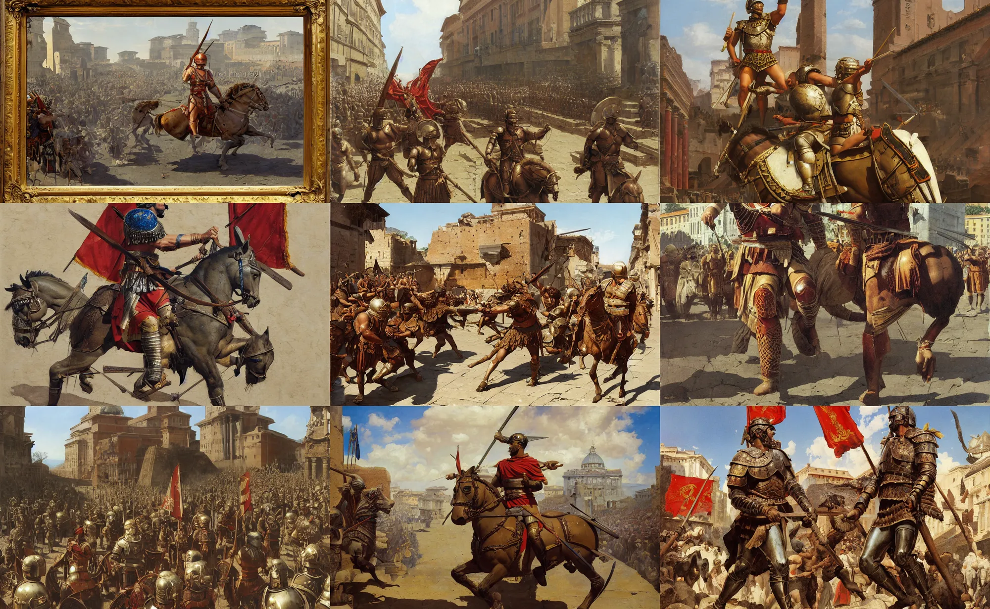 Prompt: A mixed media painting of a roman legionary in rome on parade day, isometric view, by Frank Frazetta, Thomas Cole, Boris Vallejo, Greg Rutkowski, Beeple, Yoko Taro, Christian MacNevin, epic fantasy character art portrait, roman numerals, high fantasy, CGsociety, full length, exquisite detail, post-processing, masterpiece, cinematic, tiny crimson petals falling, Rome backdrop